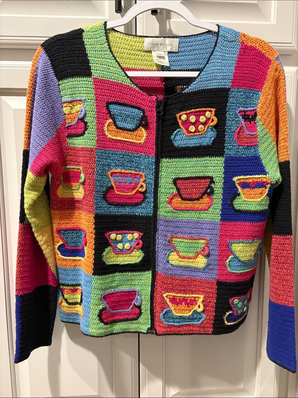 Vintage Susan Bristol patchwork coffee cup sweater, like new, size small.